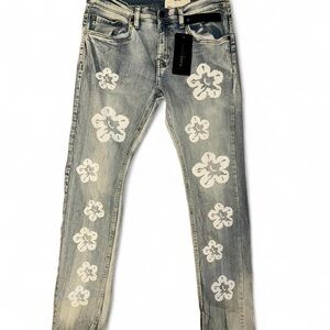 FWRD denim blue denim jeans with white flower design
Slim fit